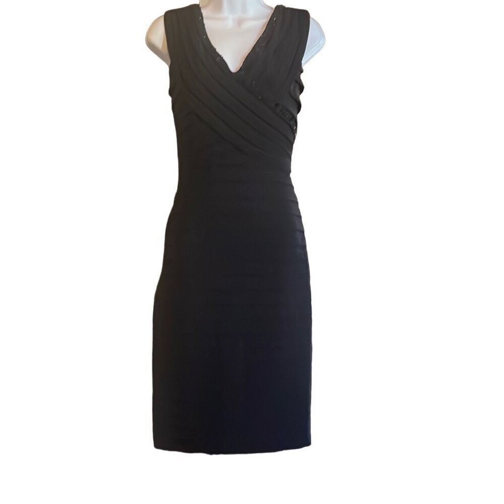 Cache Y2K Vintage Black Beaded Bodycon Pleated Cocktail Mini Dress Sz 8 Party